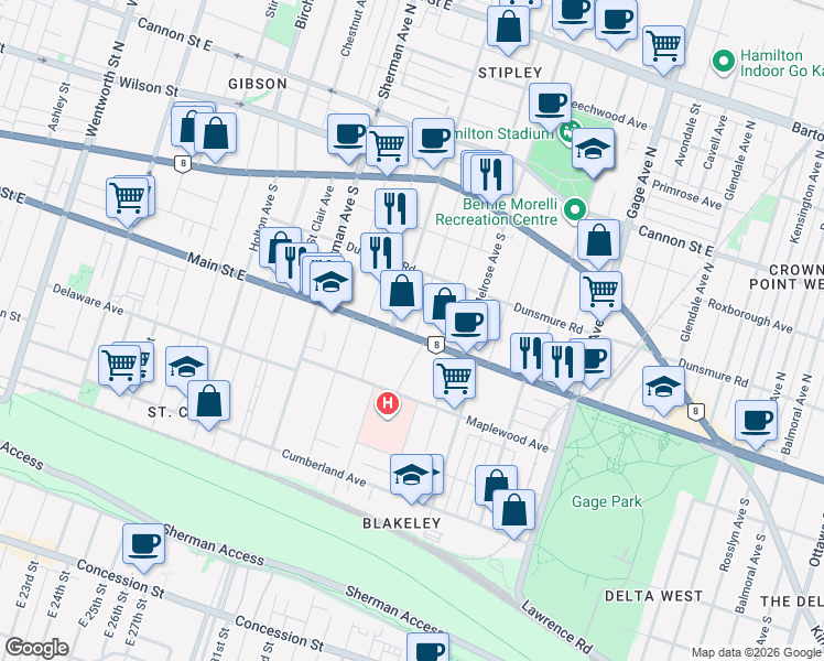 map of restaurants, bars, coffee shops, grocery stores, and more near 831 Main Street East in Hamilton