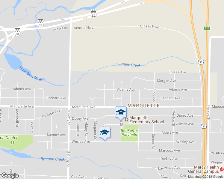 map of restaurants, bars, coffee shops, grocery stores, and more near 975 East Adams Court in Muskegon