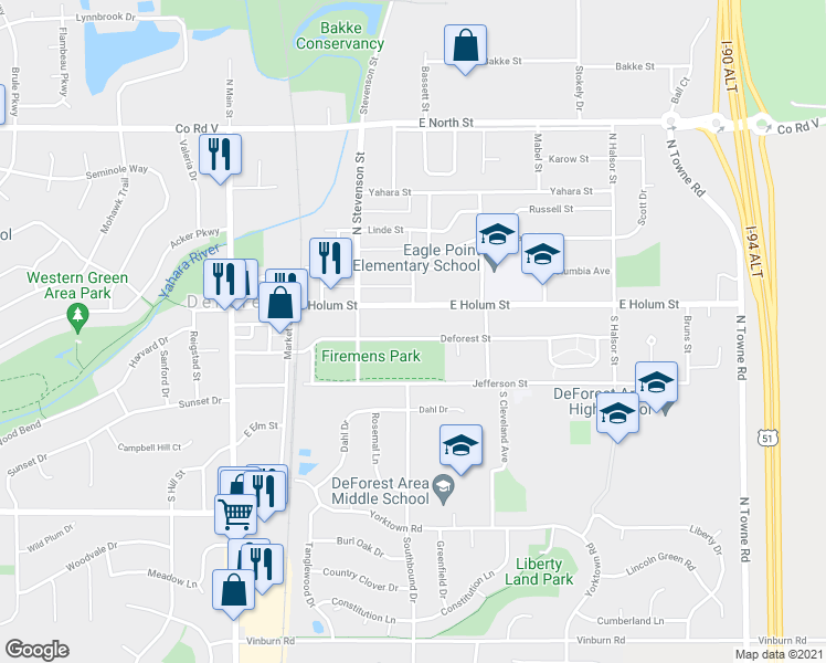 map of restaurants, bars, coffee shops, grocery stores, and more near 440 Deforest Street in DeForest