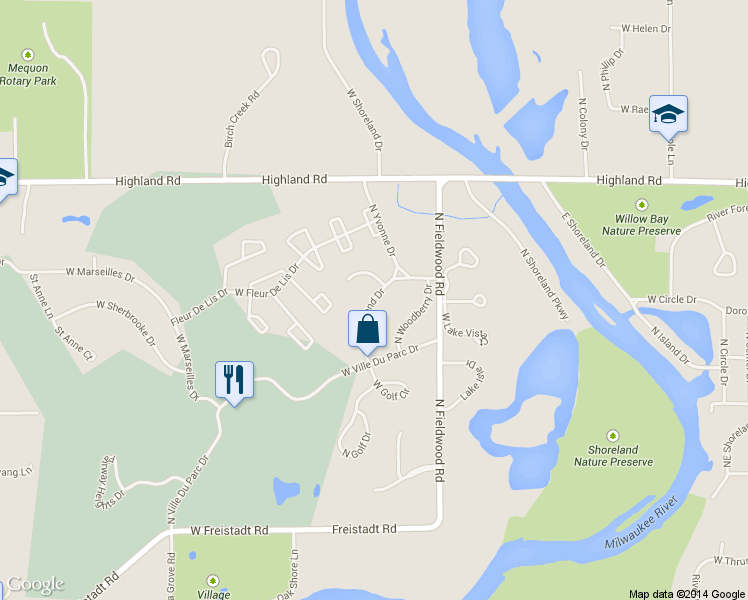 map of restaurants, bars, coffee shops, grocery stores, and more near 12522 North Woodland Drive in Mequon