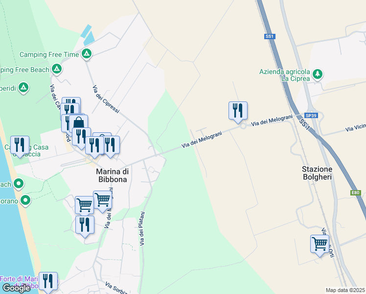 map of restaurants, bars, coffee shops, grocery stores, and more near 14 Via dei Melograni in Marina di Bibbona