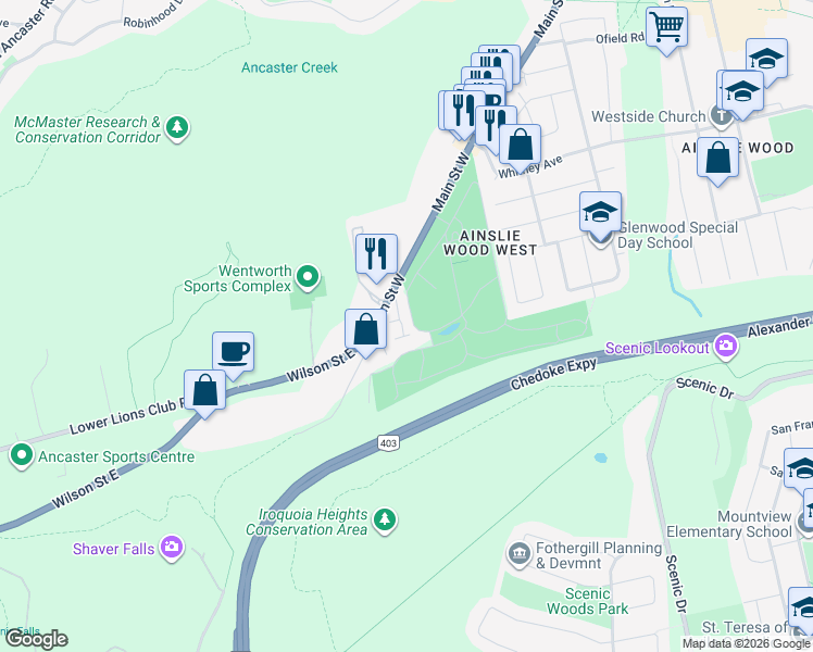 map of restaurants, bars, coffee shops, grocery stores, and more near 1967 Main Street West in Hamilton