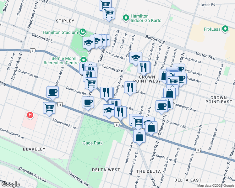 map of restaurants, bars, coffee shops, grocery stores, and more near 40 Glendale Avenue North in Hamilton