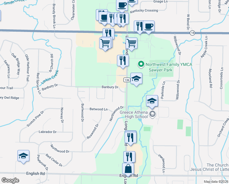 map of restaurants, bars, coffee shops, grocery stores, and more near 16 Shanbrook Drive in Rochester