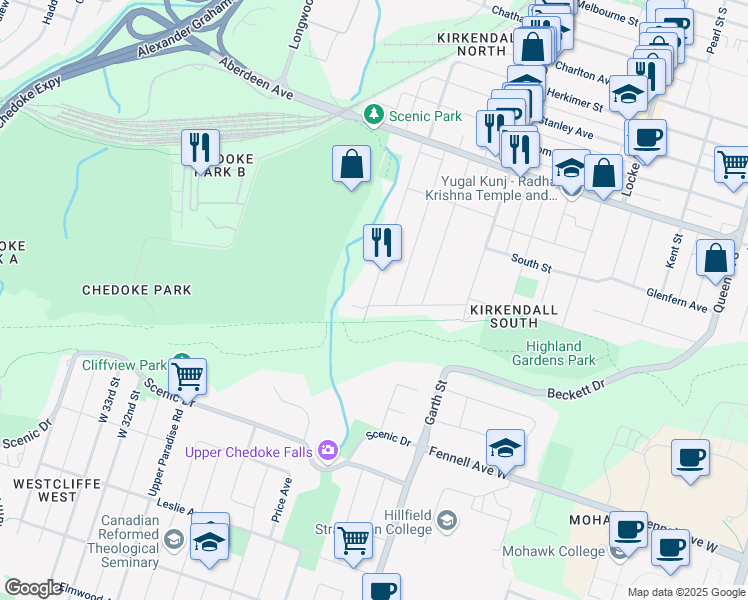 map of restaurants, bars, coffee shops, grocery stores, and more near 183 Chedoke Avenue in Hamilton