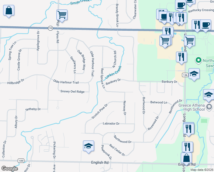 map of restaurants, bars, coffee shops, grocery stores, and more near 399 Red Spruce Lane in Rochester