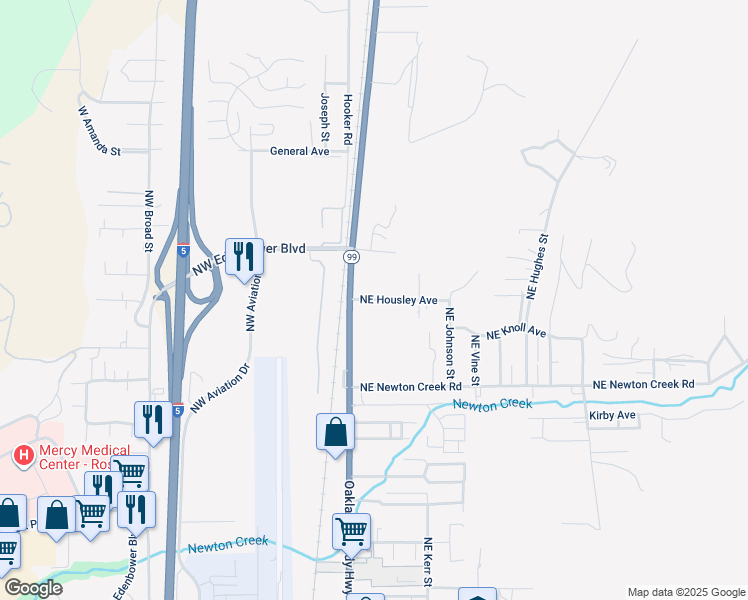 map of restaurants, bars, coffee shops, grocery stores, and more near 3181 Northeast Stephens Street in Roseburg