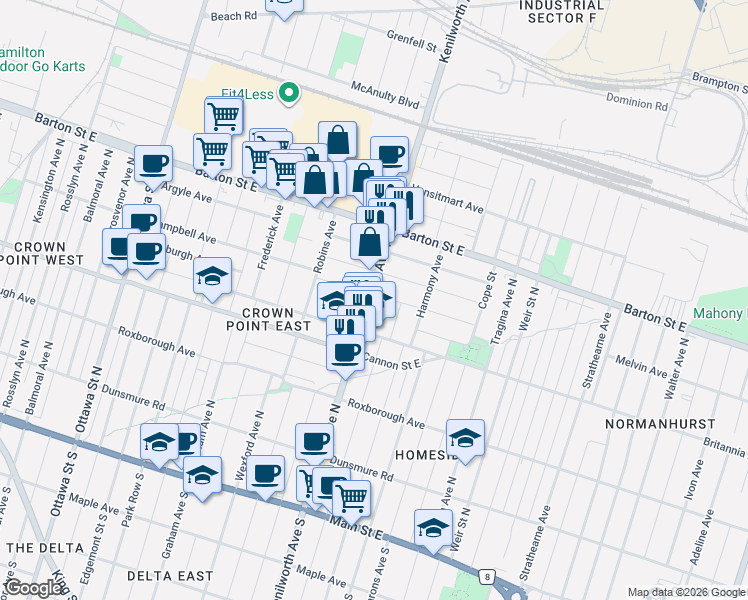 map of restaurants, bars, coffee shops, grocery stores, and more near 197 Kenilworth Avenue North in Hamilton