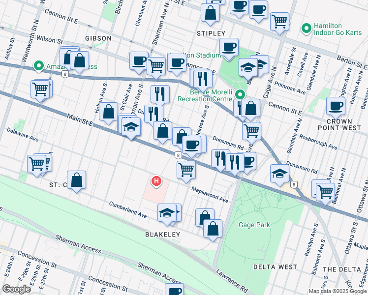 map of restaurants, bars, coffee shops, grocery stores, and more near 875 Main Street East in Hamilton