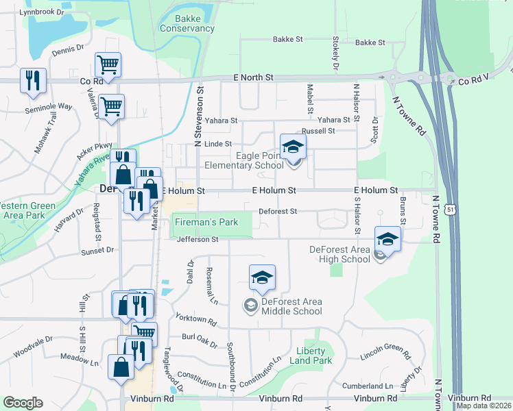 map of restaurants, bars, coffee shops, grocery stores, and more near 202 Danbury Court in DeForest