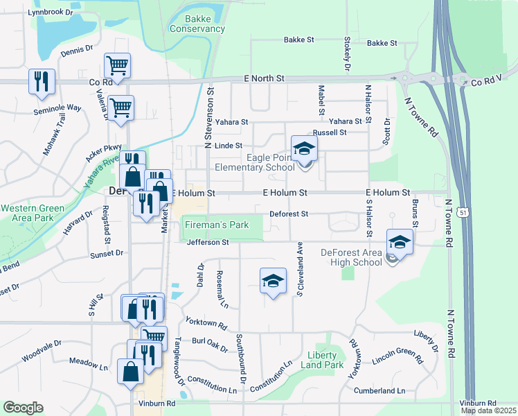 map of restaurants, bars, coffee shops, grocery stores, and more near 202 Danbury Court in DeForest