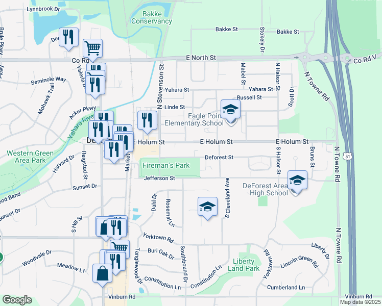 map of restaurants, bars, coffee shops, grocery stores, and more near 440 Deforest Street in DeForest