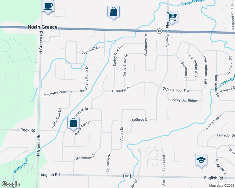 map of restaurants, bars, coffee shops, grocery stores, and more near 185 Hillbridge Drive in Rochester