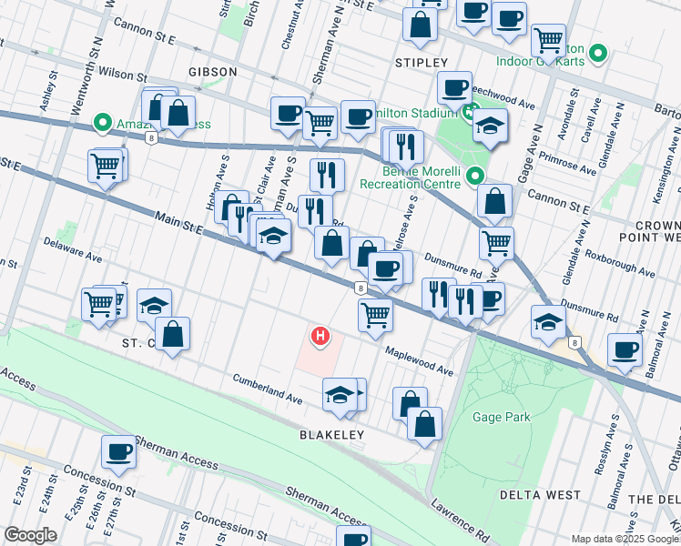map of restaurants, bars, coffee shops, grocery stores, and more near 128 Carrick Avenue in Hamilton