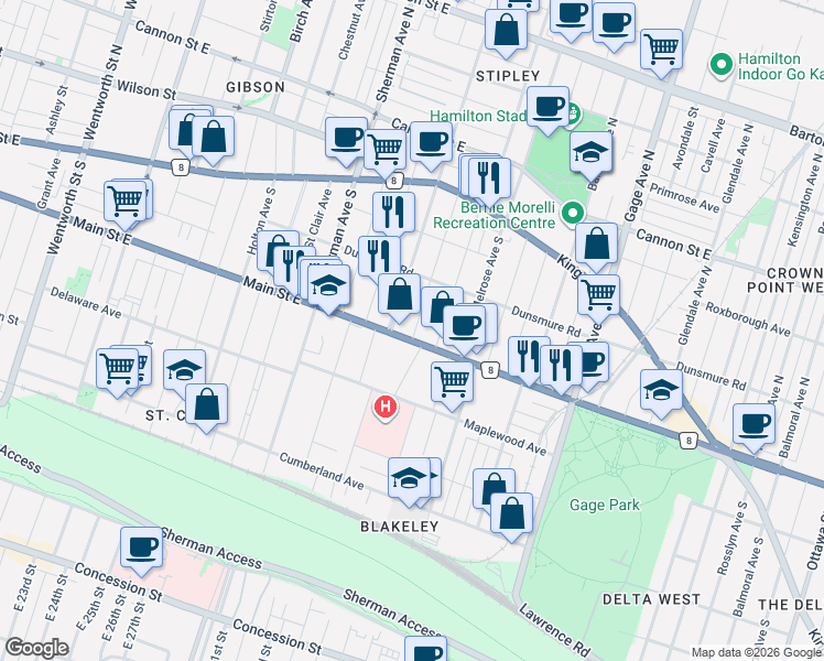 map of restaurants, bars, coffee shops, grocery stores, and more near 128 Carrick Avenue in Hamilton