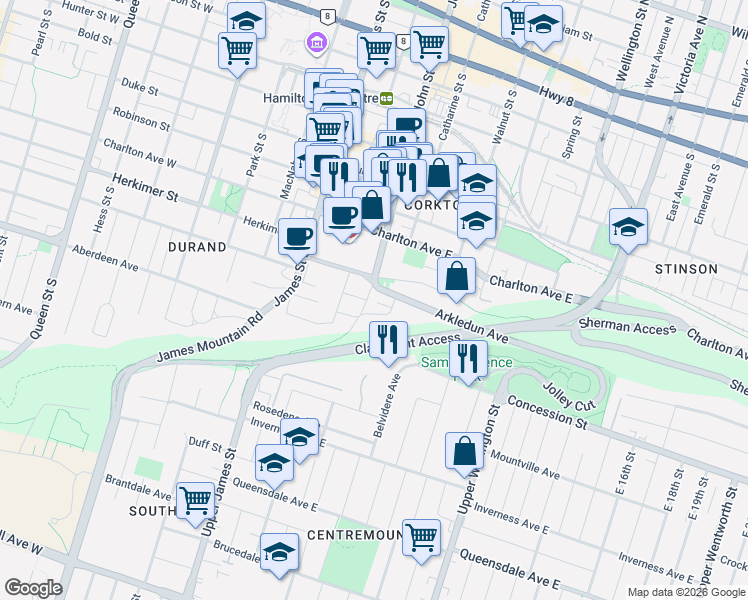 map of restaurants, bars, coffee shops, grocery stores, and more near 347 John Street South in Hamilton