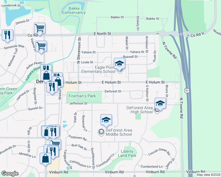 map of restaurants, bars, coffee shops, grocery stores, and more near 204 South Cleveland Avenue in DeForest