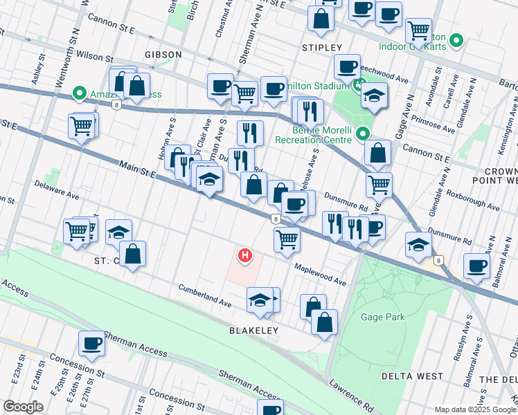 map of restaurants, bars, coffee shops, grocery stores, and more near 827 Main Street East in Hamilton