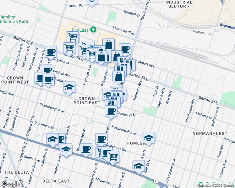 map of restaurants, bars, coffee shops, grocery stores, and more near 225 Kenilworth Avenue North in Hamilton