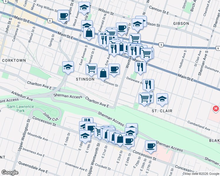 map of restaurants, bars, coffee shops, grocery stores, and more near 193 Grant Avenue in Hamilton