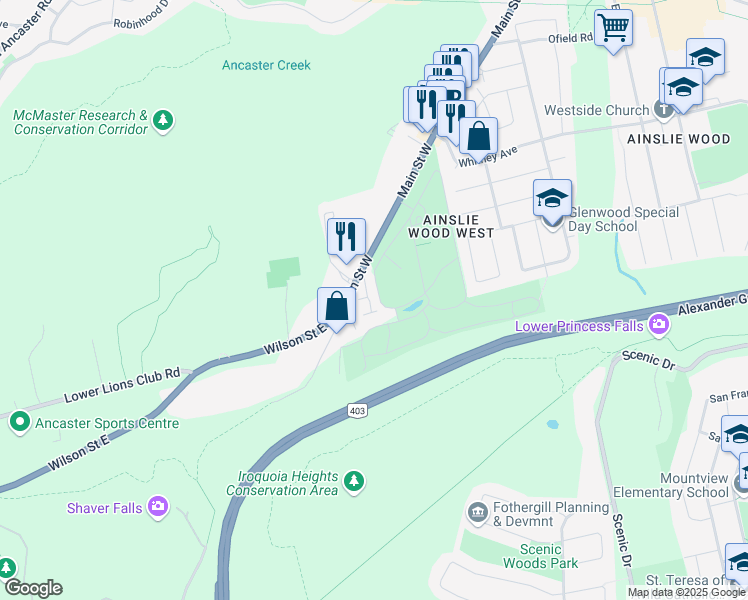 map of restaurants, bars, coffee shops, grocery stores, and more near 1967 Main Street West in Hamilton
