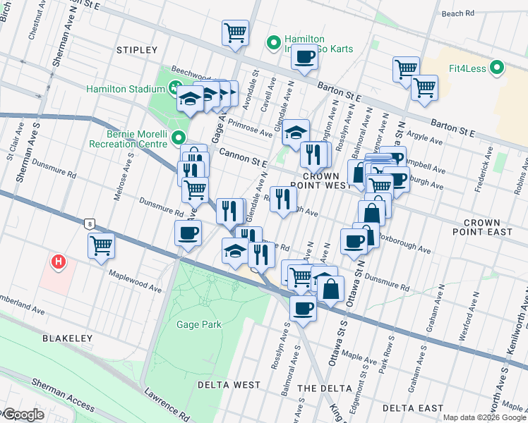map of restaurants, bars, coffee shops, grocery stores, and more near 73 Belview Avenue in Hamilton