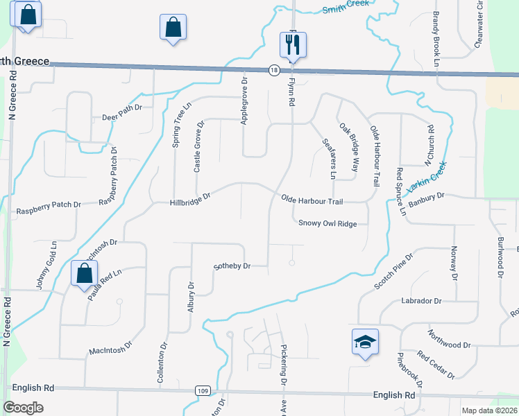 map of restaurants, bars, coffee shops, grocery stores, and more near 54 Hillbridge Circle in Rochester