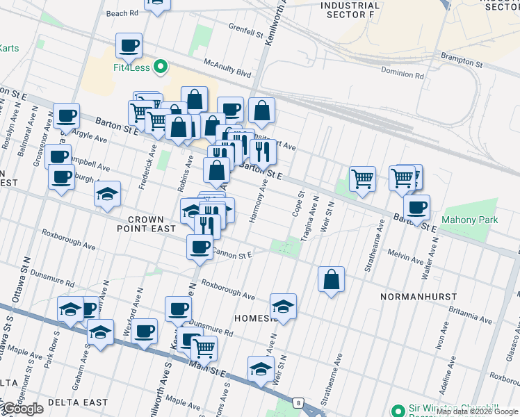 map of restaurants, bars, coffee shops, grocery stores, and more near 128 Hope Avenue in Hamilton
