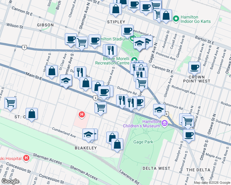 map of restaurants, bars, coffee shops, grocery stores, and more near 119 Prospect Street South in Hamilton