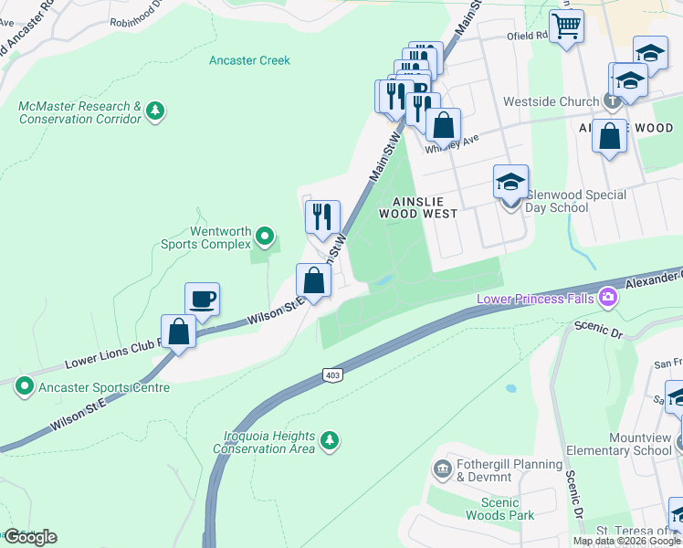 map of restaurants, bars, coffee shops, grocery stores, and more near in Hamilton