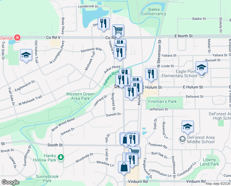 map of restaurants, bars, coffee shops, grocery stores, and more near 100 Quam Lane in DeForest
