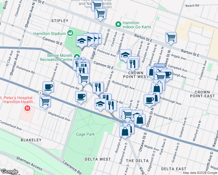 map of restaurants, bars, coffee shops, grocery stores, and more near 44 Glendale Avenue North in Hamilton