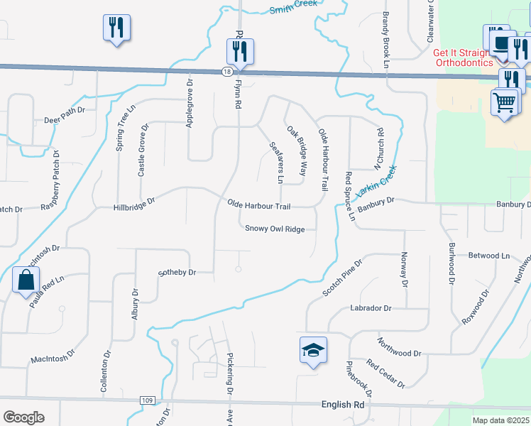 map of restaurants, bars, coffee shops, grocery stores, and more near 96 Snowy Owl Ridge in Rochester