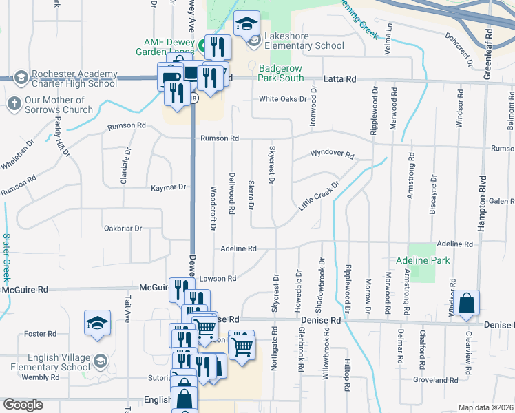 map of restaurants, bars, coffee shops, grocery stores, and more near 40 Sierra Drive in Rochester