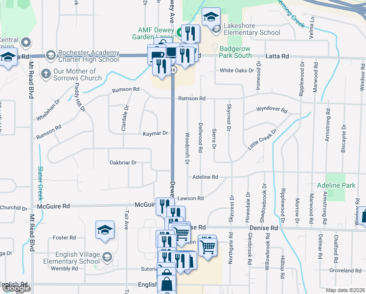 map of restaurants, bars, coffee shops, grocery stores, and more near 223 Woodcroft Drive in Rochester