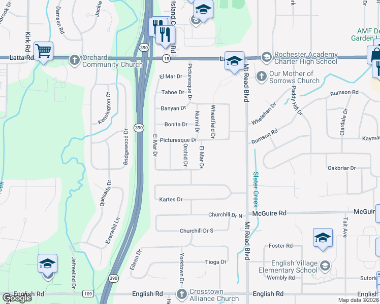 map of restaurants, bars, coffee shops, grocery stores, and more near 62 Orchid Drive in Rochester