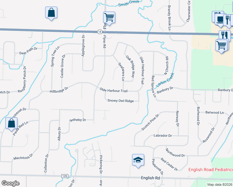 map of restaurants, bars, coffee shops, grocery stores, and more near 96 Snowy Owl Ridge in Rochester