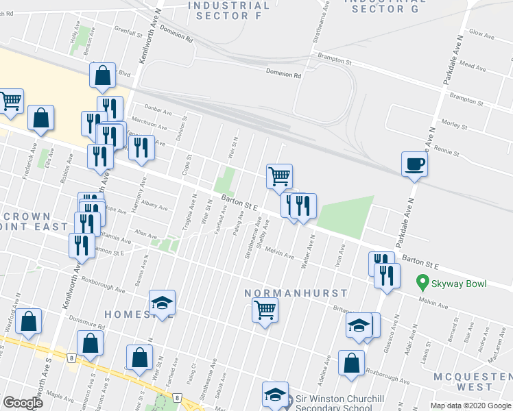 map of restaurants, bars, coffee shops, grocery stores, and more near in Hamilton