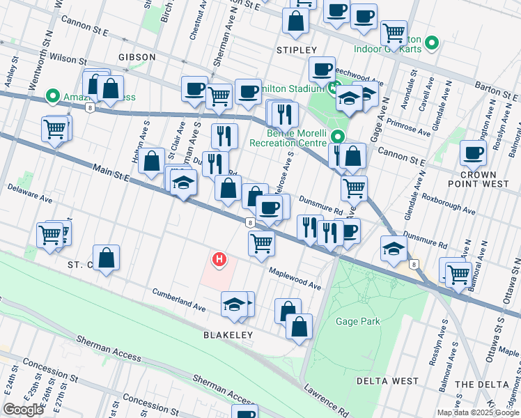 map of restaurants, bars, coffee shops, grocery stores, and more near 875 Main Street East in Hamilton