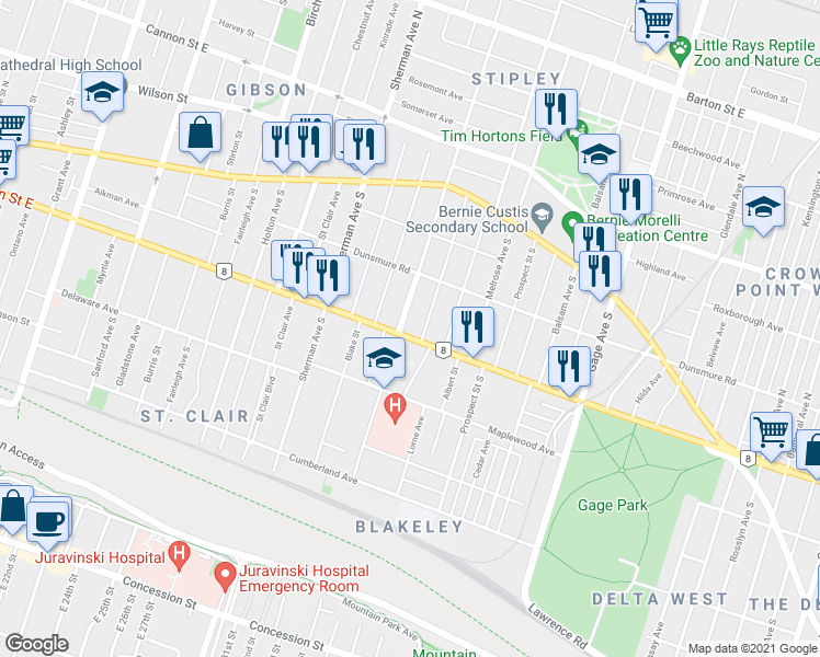 map of restaurants, bars, coffee shops, grocery stores, and more near in Hamilton