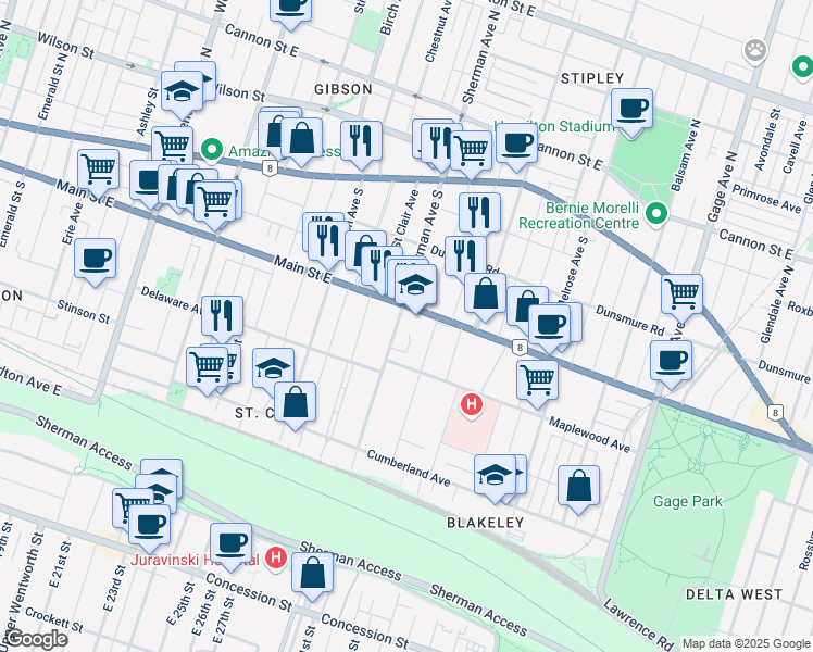 map of restaurants, bars, coffee shops, grocery stores, and more near in Hamilton