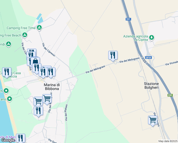 map of restaurants, bars, coffee shops, grocery stores, and more near 14 Via dei Melograni in Marina di Bibbona