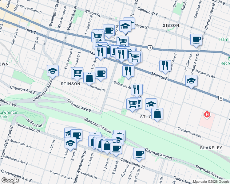 map of restaurants, bars, coffee shops, grocery stores, and more near 273 Stinson Crescent in Hamilton