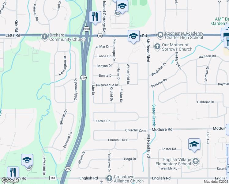 map of restaurants, bars, coffee shops, grocery stores, and more near 62 Orchid Drive in Rochester