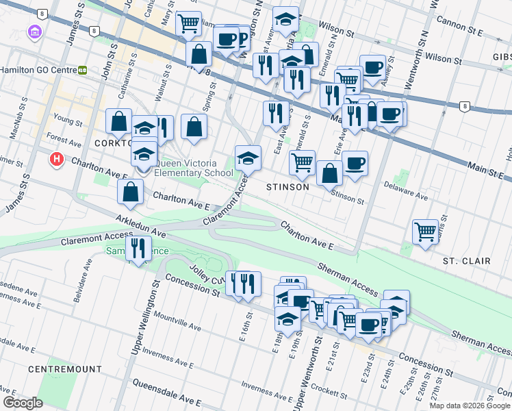 map of restaurants, bars, coffee shops, grocery stores, and more near 191 Victoria Avenue South in Hamilton