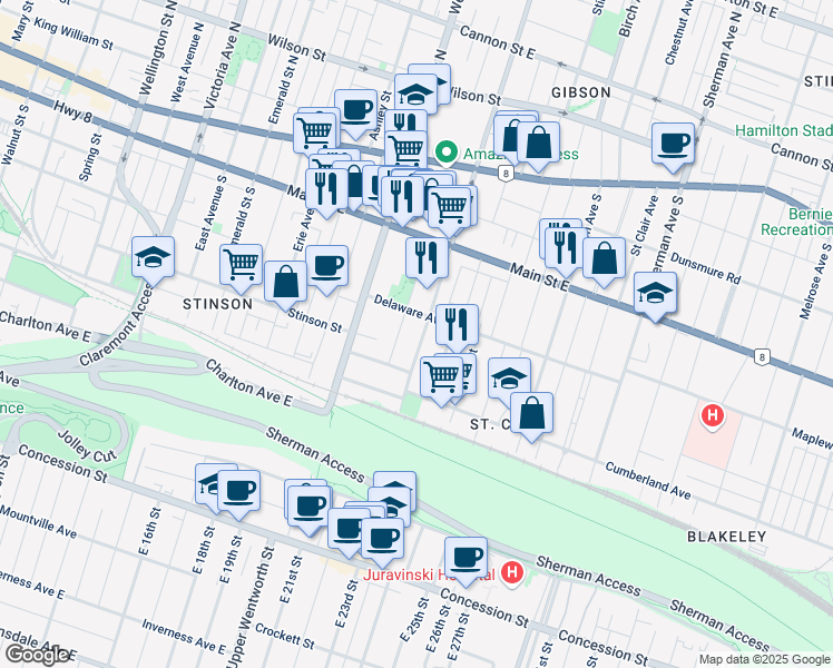 map of restaurants, bars, coffee shops, grocery stores, and more near 152 Sanford Avenue South in Hamilton