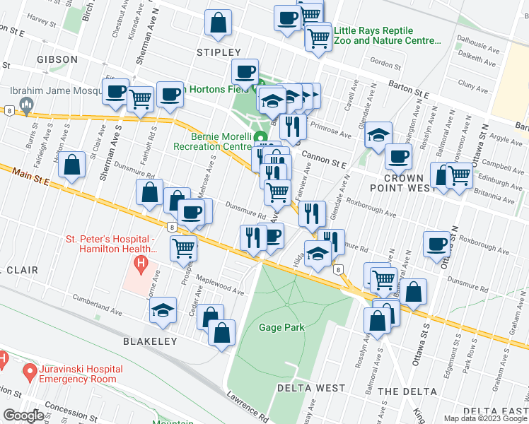 map of restaurants, bars, coffee shops, grocery stores, and more near 37 Connaught Avenue South in Hamilton