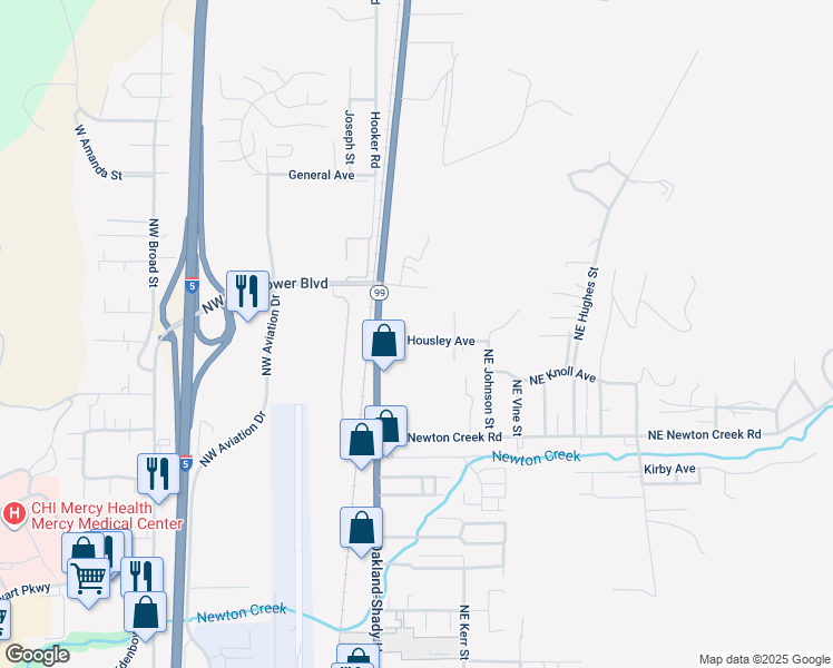 map of restaurants, bars, coffee shops, grocery stores, and more near 476 Northeast Housley Avenue in Roseburg