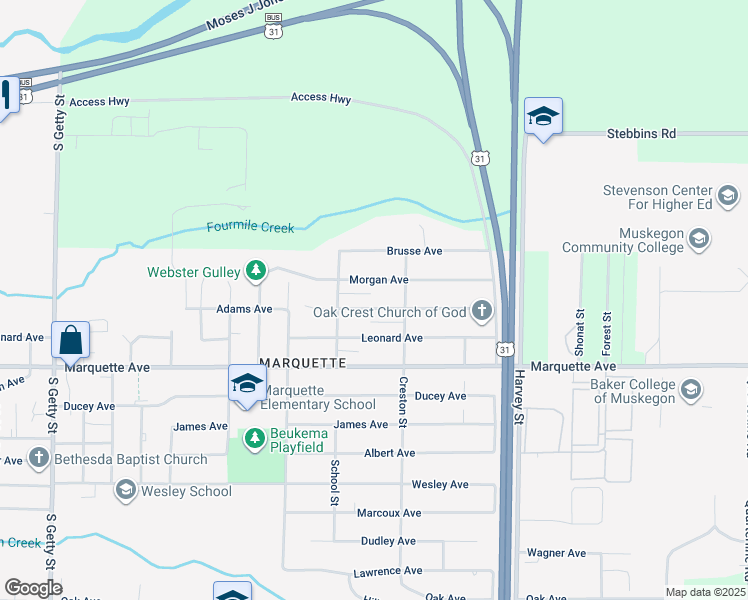 map of restaurants, bars, coffee shops, grocery stores, and more near 1350 Adams Avenue in Muskegon