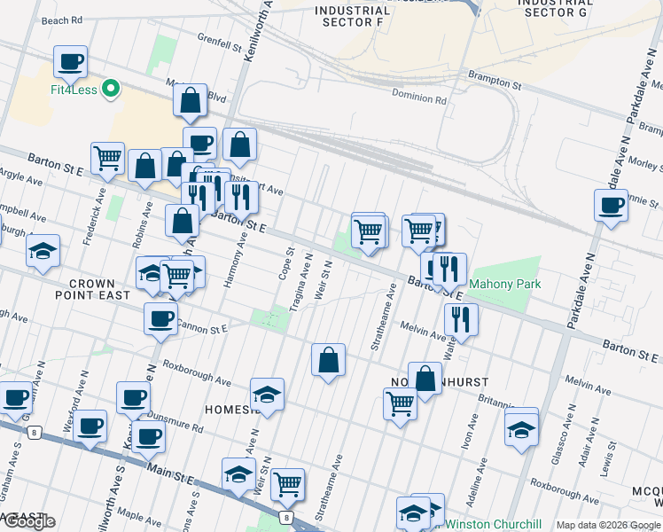 map of restaurants, bars, coffee shops, grocery stores, and more near 250 Weir Street North in Hamilton